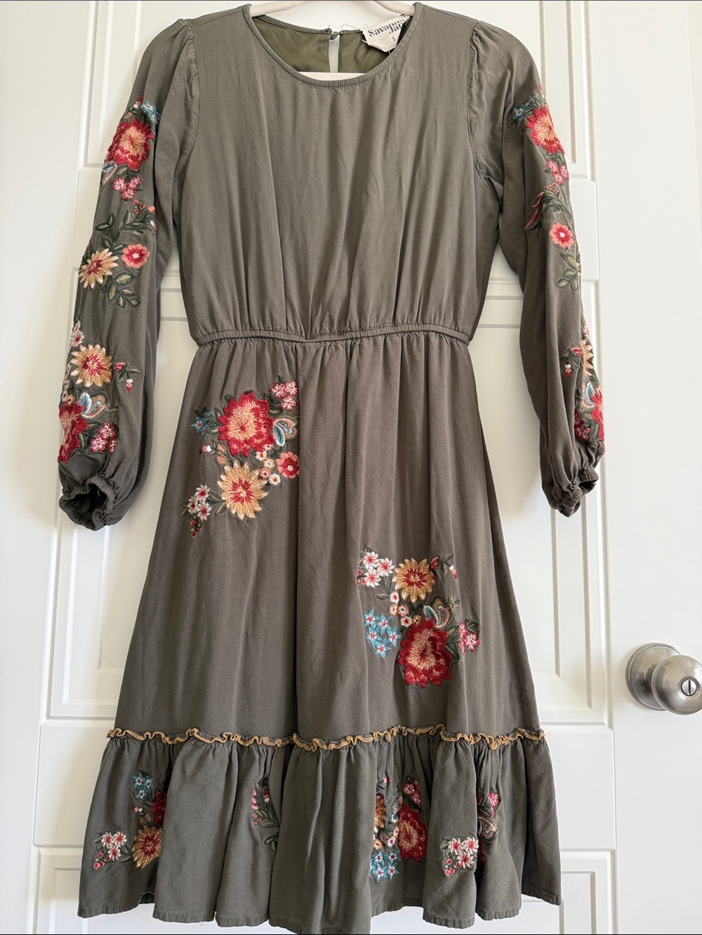 Savanna Jane Olive Green Embroidered Floral Midi Dress